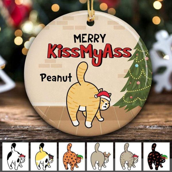 Cat Merry Kissmyass Circle Personalized Decorative Christmas Ornament on Sale