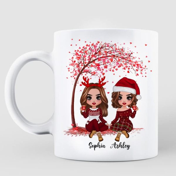 Sitting Doll Besties Under Pink Heart Tree Personalized Mug Online