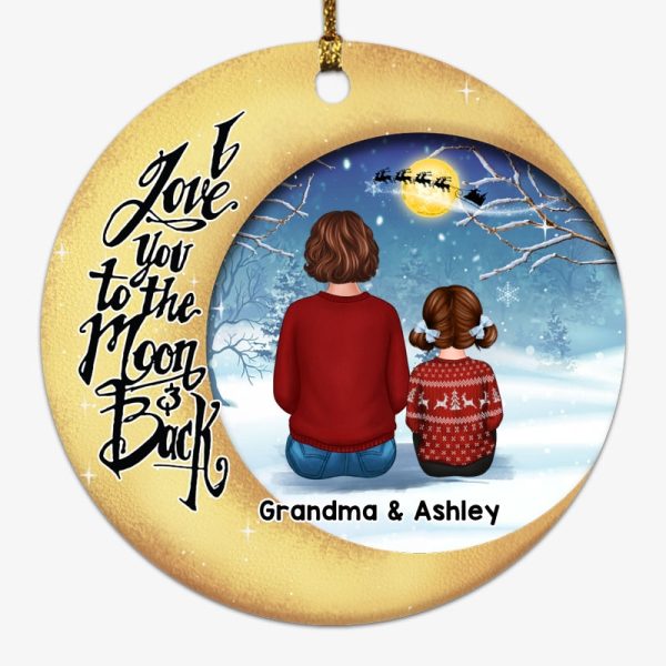 Moon Snow Love To The Moon Grandma & Grandkid Back View Personalized Circle Ornament For Sale - Image 4