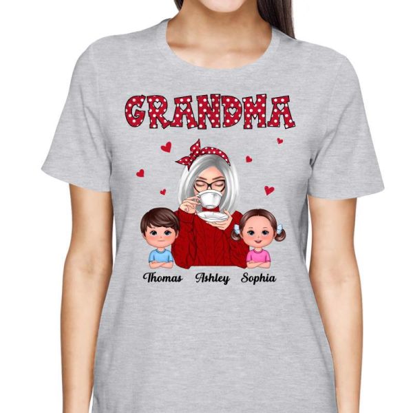 Grandma & Grandkids Polka Dot Pattern Coffee Personalized Shirt For Cheap - Image 2