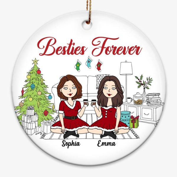 Christmas Outline Background Funny Besties Christmas Personalized Circle Ornament For Sale - Image 3