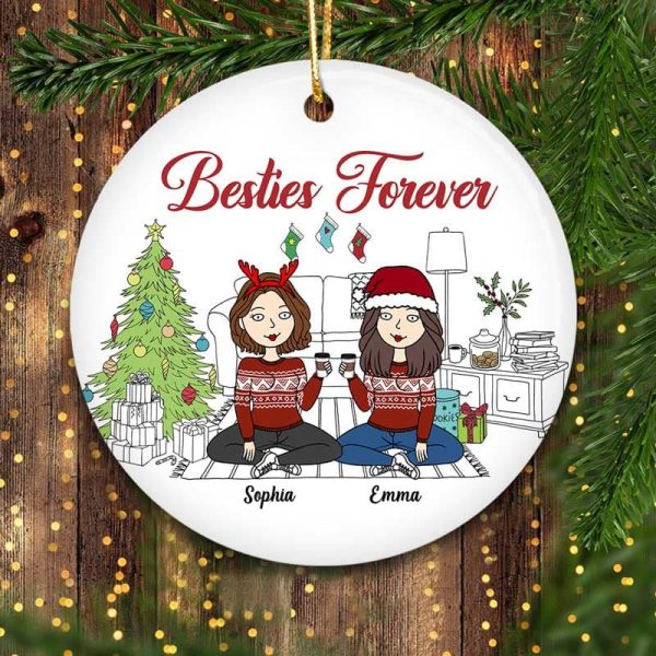 Christmas Outline Background Funny Besties Christmas Personalized Circle Ornament For Sale - Image 2
