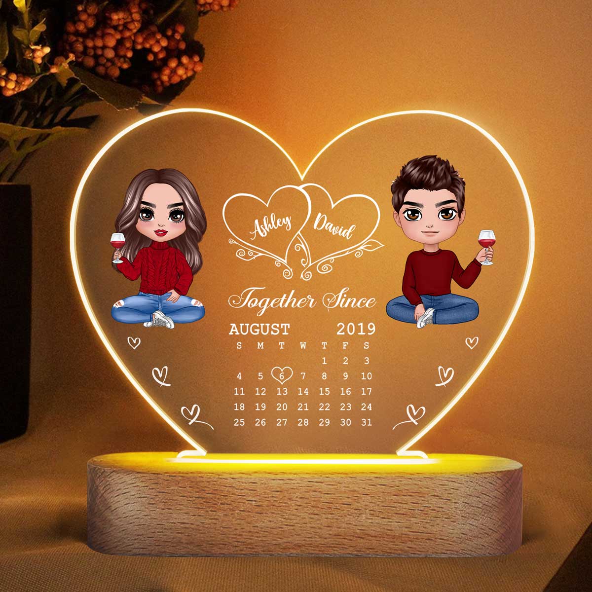 Hearts Doll Couple Sitting Calendar Anniversary Date Gift For Him Gift For Her Personalized Acrylic Heart Plaque LED Lamp Night Light Online