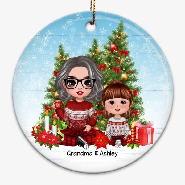 Grandma Sitting With Grandkids Christmas Tree Personalized Circle Ornament Online Sale - Image 3