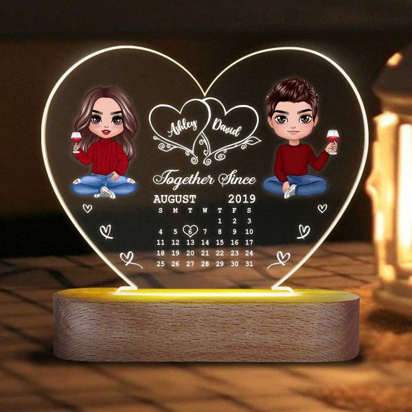 Hearts Doll Couple Sitting Calendar Anniversary Date Gift For Him Gift For Her Personalized Acrylic Heart Plaque LED Lamp Night Light Online - Image 3