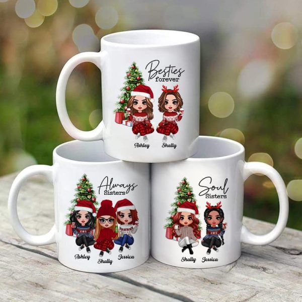 Christmas Doll Besties Sitting By Christmas Tree Personalized Mug Cheap - Image 3