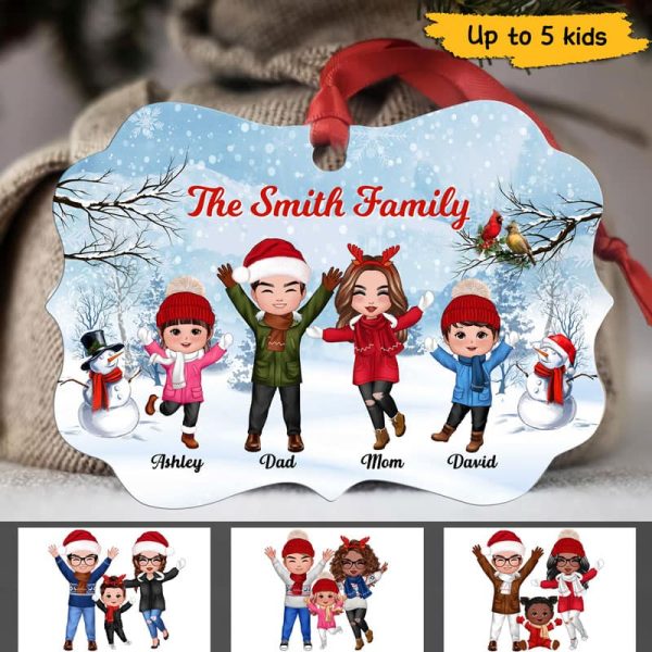 Happy Doll Family Dad Mom Kids In Snow Personalized Christmas Ornament For Discount