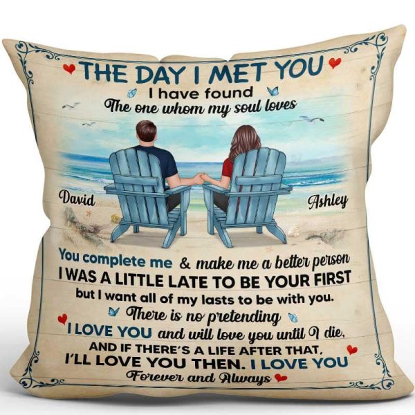 The Day I Met You Couple Sitting On Beach Personalized Pillow Online Sale