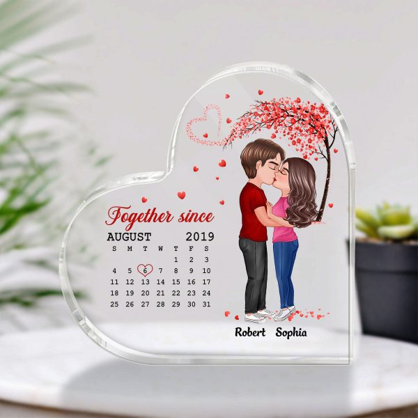 Doll Couple Kissing Under Red Heart Tree Calendar Anniversary Date Personalized Heart Acrylic Plaque on Sale