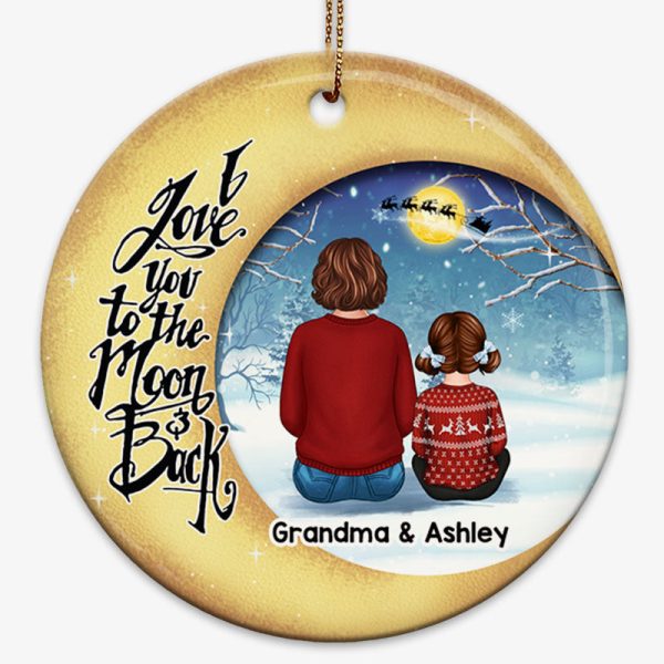 Moon Snow Love To The Moon Grandma & Grandkid Back View Personalized Circle Ornament For Sale