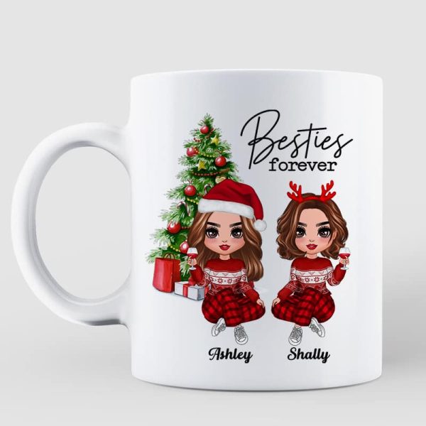 Christmas Doll Besties Sitting By Christmas Tree Personalized Mug Cheap