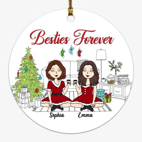 Christmas Outline Background Funny Besties Christmas Personalized Circle Ornament For Sale - Image 4