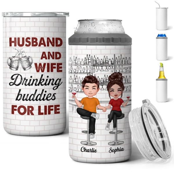 Husband Wife Drinking Buddies Multi Use Tumbler - Personalized 4 In 1 Can Cooler - Christmas Gift For Him For Her For Discount
