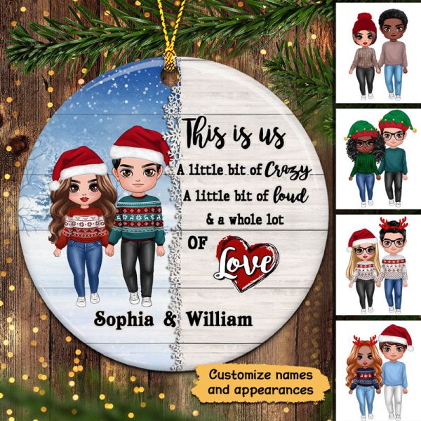 Half Snow Pattern Doll Couple Standing This Is Us Christmas Personalized Circle Ornament Sale - Image 2