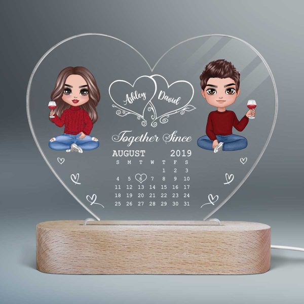 Hearts Doll Couple Sitting Calendar Anniversary Date Gift For Him Gift For Her Personalized Acrylic Heart Plaque LED Lamp Night Light Online - Image 2