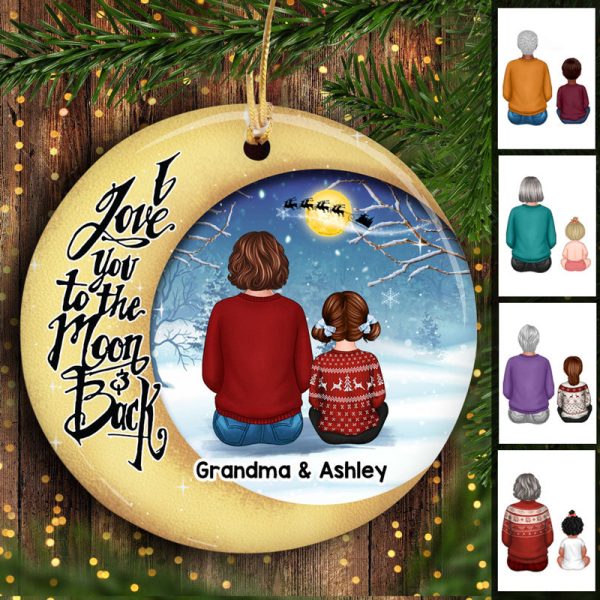Moon Snow Love To The Moon Grandma & Grandkid Back View Personalized Circle Ornament For Sale - Image 2