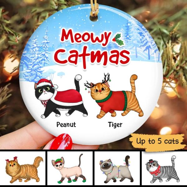 Winter Wonderland Walking Fluffy Cats In Snow Personalized Circle Ornament For Sale - Image 2