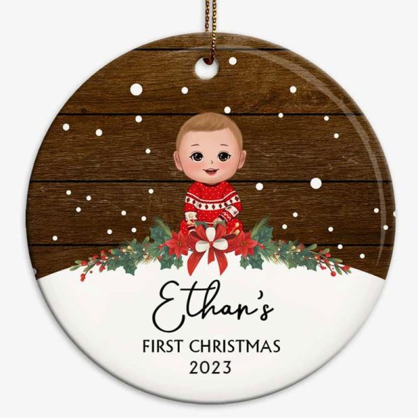Snow Wood Baby Doll First Christmas Personalized Circle Ornament For Cheap