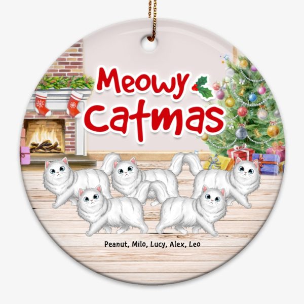 Winter Wonderland Walking Fluffy Cats In Snow Personalized Circle Ornament For Sale - Image 3