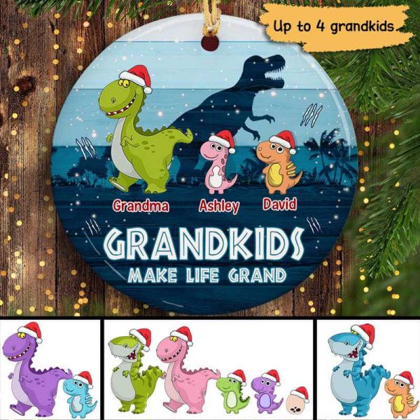 Grandkids Make Life Grand Dinosaur Family Personalized Circle Ornament For Sale