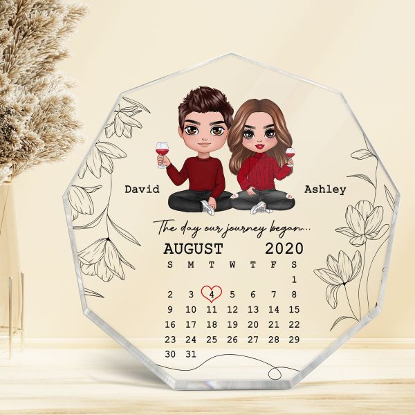 Doll Couple Sitting The Day Journey Began Personalized Acrylic Nonagon Plaque - Calendar Anniversary Gift For Couple - Gift For Him Gift For Her on Sale