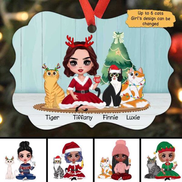 A Sitting Doll Girl And Cartoon Cats Personalized Christmas Ornament Hot on Sale