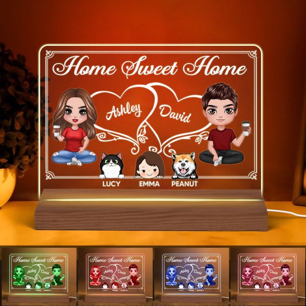 Doll Couple Dad Mom Kids Dogs Cats Sitting Home Sweet Home Personalized Custom Shape Acrylic Plaque LED Night Light Fashion