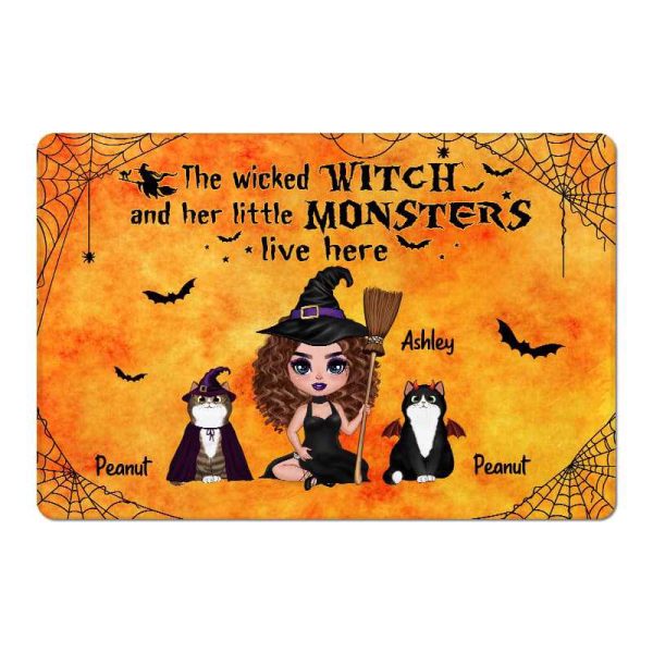 Halloween Doll Wicked Witch And Little Monsters Cats Live Here Personalized Doormat For Sale - Image 2