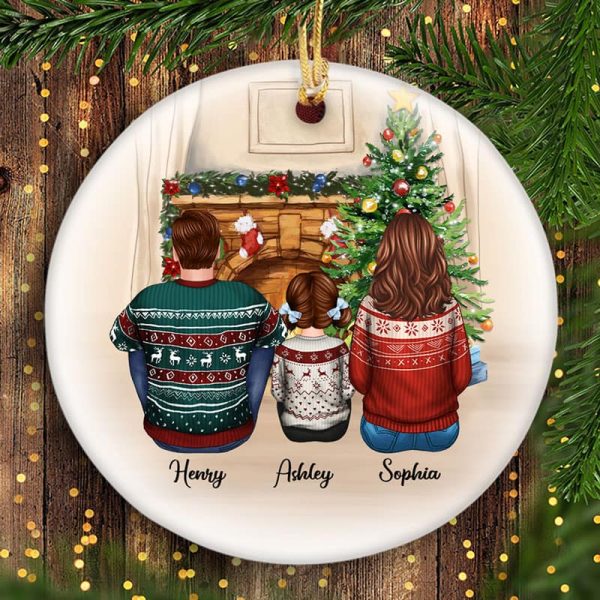 Family Sitting Around Fireplace Personalized Circle Ornament Sale - Image 2