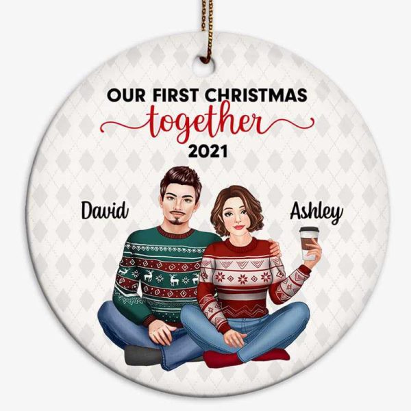 First Christmas Front View Couple Pretty Personalized Circle Ornament Online Hot Sale - Image 2