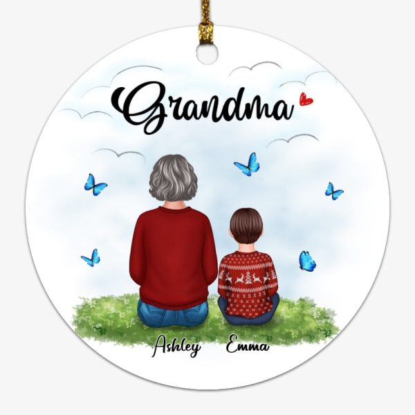 Grandma Grankids Back View On Grass Personalized Circle Ornament For Sale - Image 4