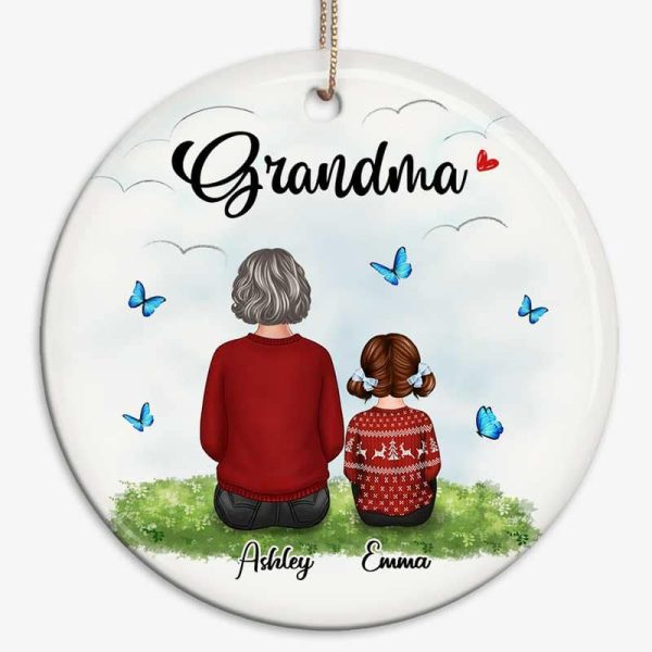 Grandma Grankids Back View On Grass Personalized Circle Ornament For Sale - Image 2