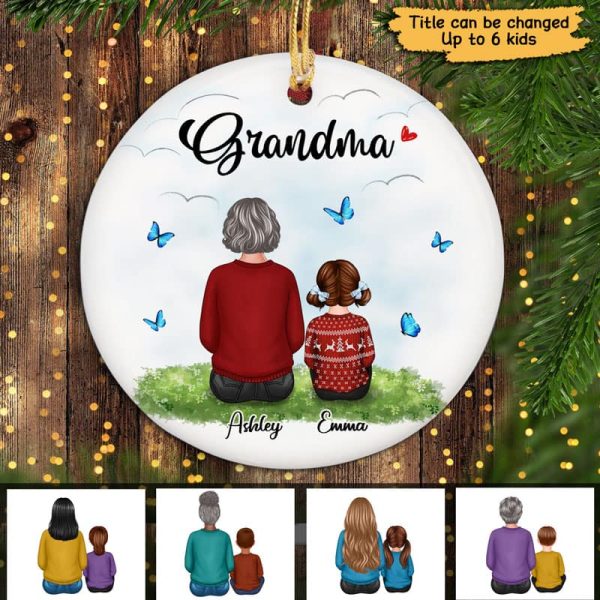 Grandma Grankids Back View On Grass Personalized Circle Ornament For Sale