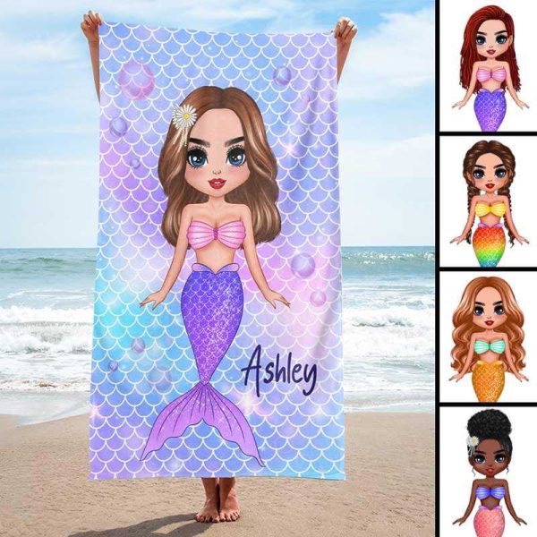 Mermaid Colorful Name Family Personalized Beach Towel Sale - Image 2