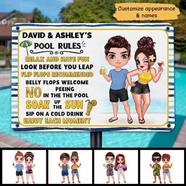 Summer Couple Pool Rules Yellow Blue Personalized Metal Sign Supply - Image 2