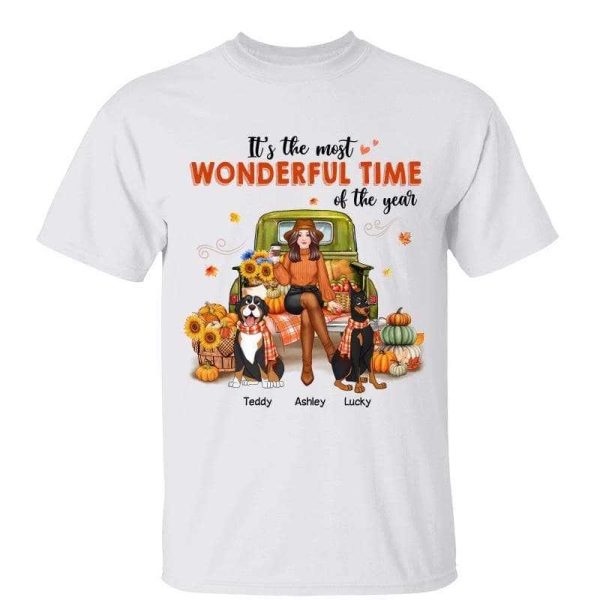 Fall Season Girl Sitting On Car With Dogs Personalized Shirt For Cheap