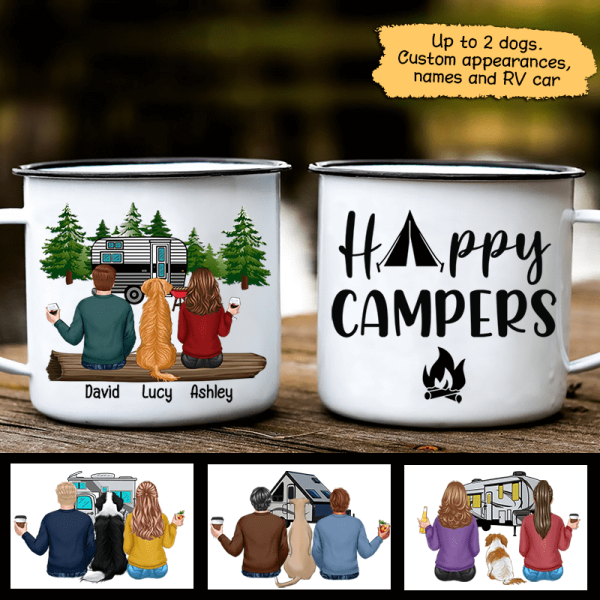 Camping Couple Sitting With Dogs Personalized Campfire Mug Online Hot Sale