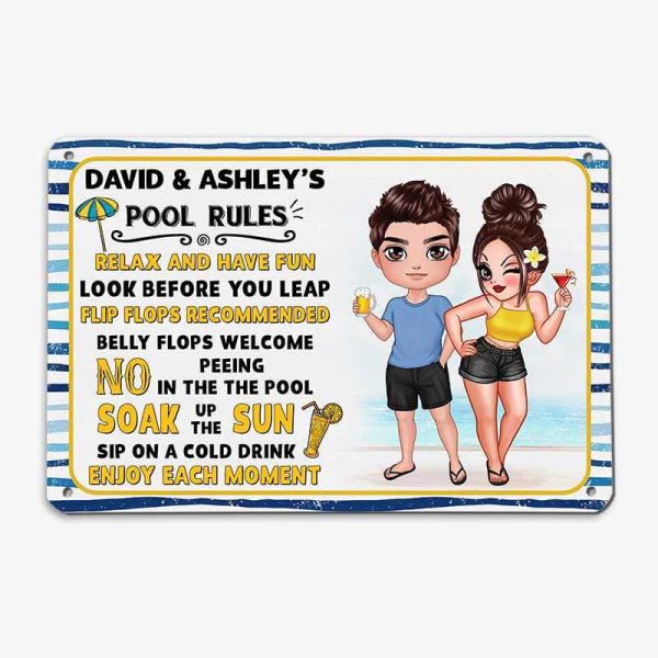 Summer Couple Pool Rules Yellow Blue Personalized Metal Sign Supply