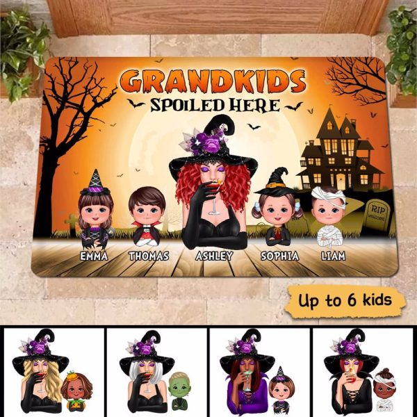 Halloween Witch Grandma Grandkids Spoiled Here Personalized Doormat For Sale