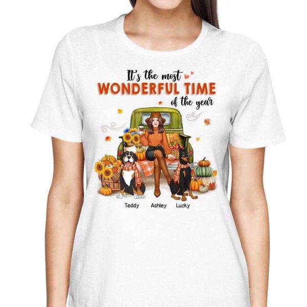 Fall Season Girl Sitting On Car With Dogs Personalized Shirt For Cheap - Image 2