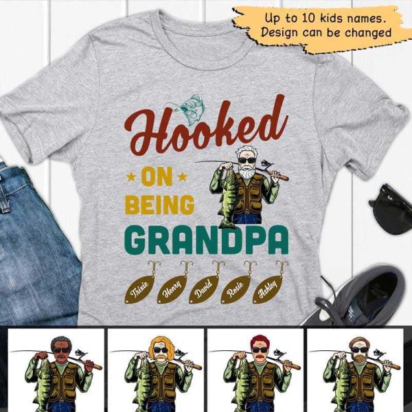Hooked On Being Grandpa Old Man Father‘s Day Personalized Shirt Online