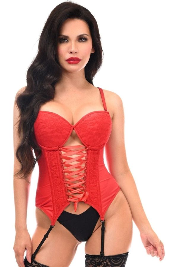 Lavish Red Lycra & Lace Hook & Eye Lace-Up Bustier Corset w Garters Supply