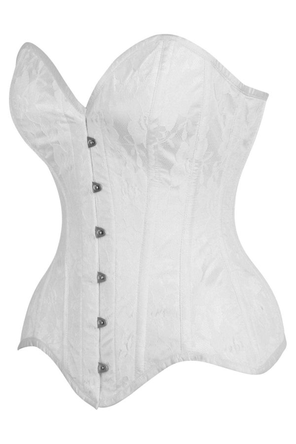 Top Drawer White Satin w White Lace Overlay Steel Boned Overbust Corset For Sale - Image 4