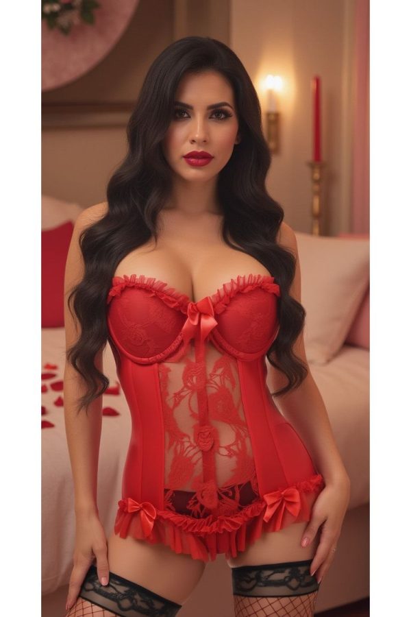 Lavish Red Lycra & Lace Hook & Eye Stretch Bustier Corset Sale - Image 4
