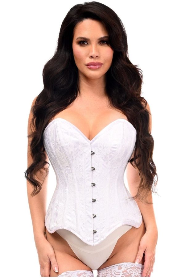 Top Drawer White Satin w White Lace Overlay Steel Boned Overbust Corset For Sale