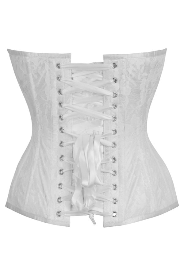 Top Drawer White Satin w White Lace Overlay Steel Boned Overbust Corset For Sale - Image 5